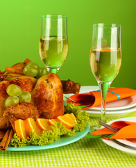 banquet table with roast chicken