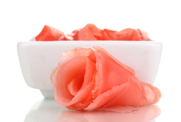 Marinated ginger slices isolated on white
