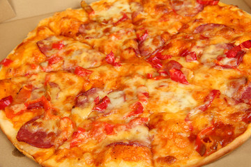 Tasty pizza in box close-up