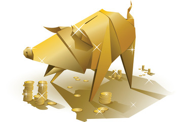Origami gold folded pig bank