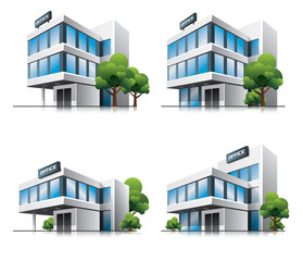 Four cartoon office vector buildings with trees.