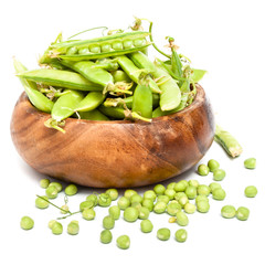 Green peas pods on white background