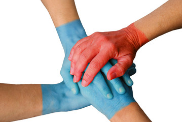 Three blue and one red hand symbolizing teamwork and power