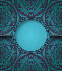 Stylish vintage round frame on blue seamless pattern