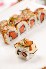 sushi with eggplant and salmon