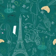 Vlies Fototapete Doodle Nahtloser Hintergrund mit verschiedenen Paris-Gekritzelelementen