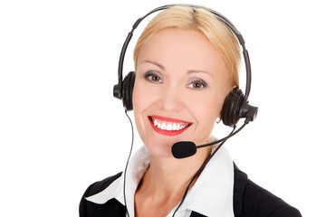 Cheerful call center operator against white background