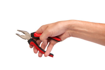 Male hand hold a black and red pliers