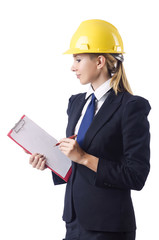 Businesswoman with helmet on white