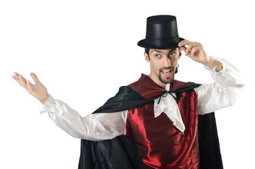 Magician doing tricks on white