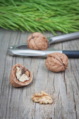 Nutcracker and nuts on a background of Christmas tree.