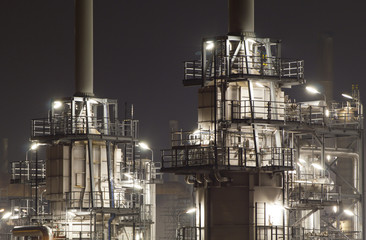 Close-up of an oil-refinery plant at night