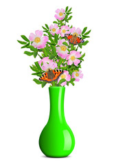 dog rose with butterflies in the green vase