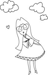 freehand sketch cartoon girl relax and cheerful