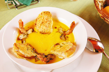 Pumpkin soup with prawns