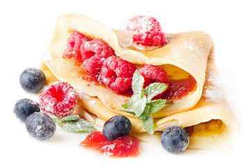 Crepes with raspberries and blueberries