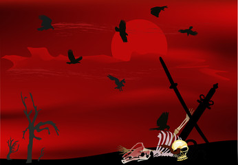 human bones and crows at sunset