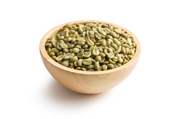 green coffee in wooden bowl