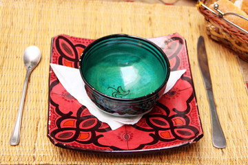 An empty plate on the table with food background