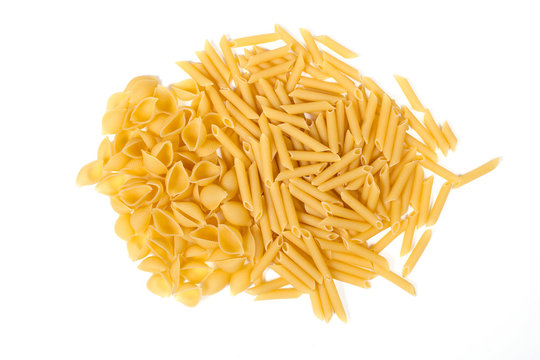 Closeup of dry  macaroni pasta. Isolated image