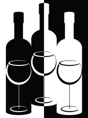 Black and white bottles and wineglasses