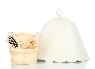 Sauna hat and bathroom set isolated on white