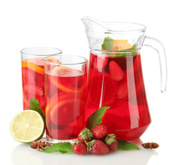 sangria in jar and glasses with fruits, isolated on white