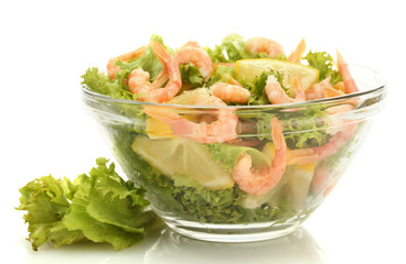 salad with shrimps, lemon and lettuce leaves in bowl, isolated