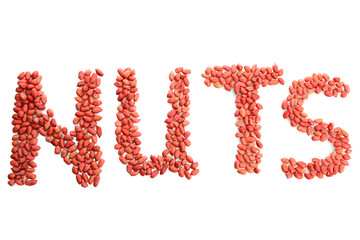 Inscription Nuts of peanuts, isolated on white