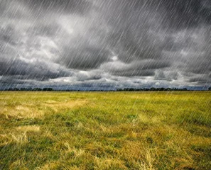 Fotobehang Onweer Zware regen over een prairie in Bretagne, Frankrijk