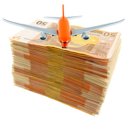 concept transport aérien, avion sur liasse de billets