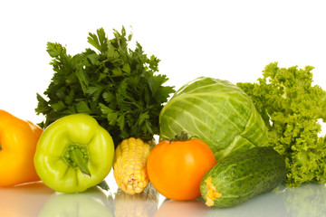 Colorful fresh vegetables on white background close-up