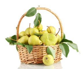 Juicy flavorful pears in basket isolated on white