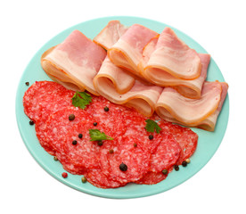 tasty bacon and sausage with spices on plate, isolated on white