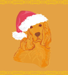 american cocker spaniel laying down wearing santa hat - card