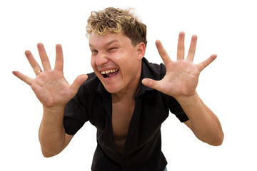 Young handsome sexy man showing his palms