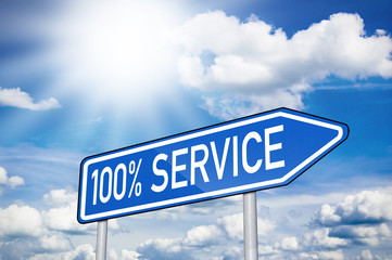 Blaues Schild mit 100 % Service und Sonne