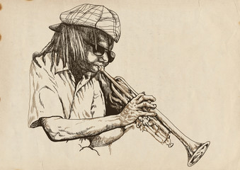 trompettiste, dessin à la main, c& 39 est un croquis original
