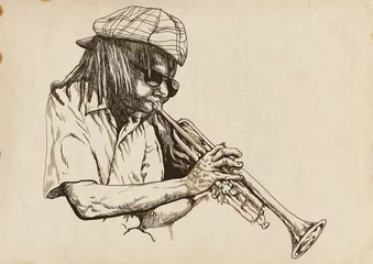 Papier Peint photo autocollant Groupe de musique trompettiste, dessin à la main, c& 39 est un croquis original