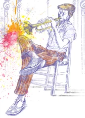 Photo sur Aluminium Groupe de musique trompettiste, dessin à la main, c& 39 est un croquis original