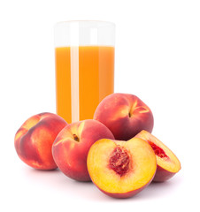 Ripe peach fruit and juice glass
