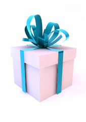 White gift box with turquoise ribbons