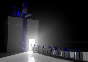 White gift boxes with blue ribbons