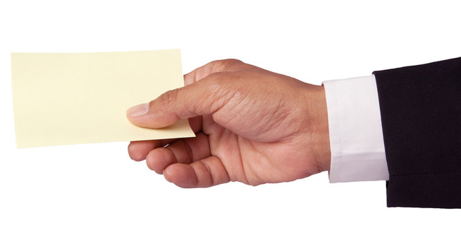 hand of business man and paper card isolated white