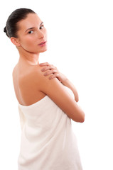Portrait of Fresh and Beautiful brunette woman wearing white tow