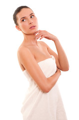 Portrait of Fresh and Beautiful brunette woman wearing white tow
