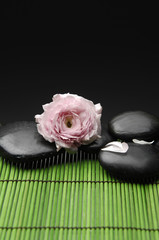 Single pink rose and massage stones  in green mat