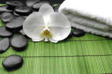 Fototapeta na wymiar Beautiful white orchid with pebble stone and towel on green mat