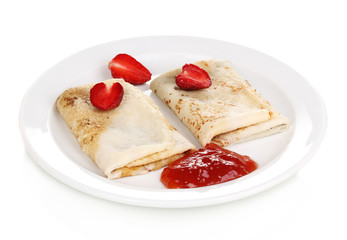 Stack of tasty pancakes isolated on white