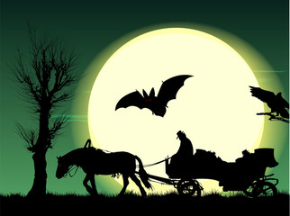 Night of Halloween: horse put to cart in field under full moon